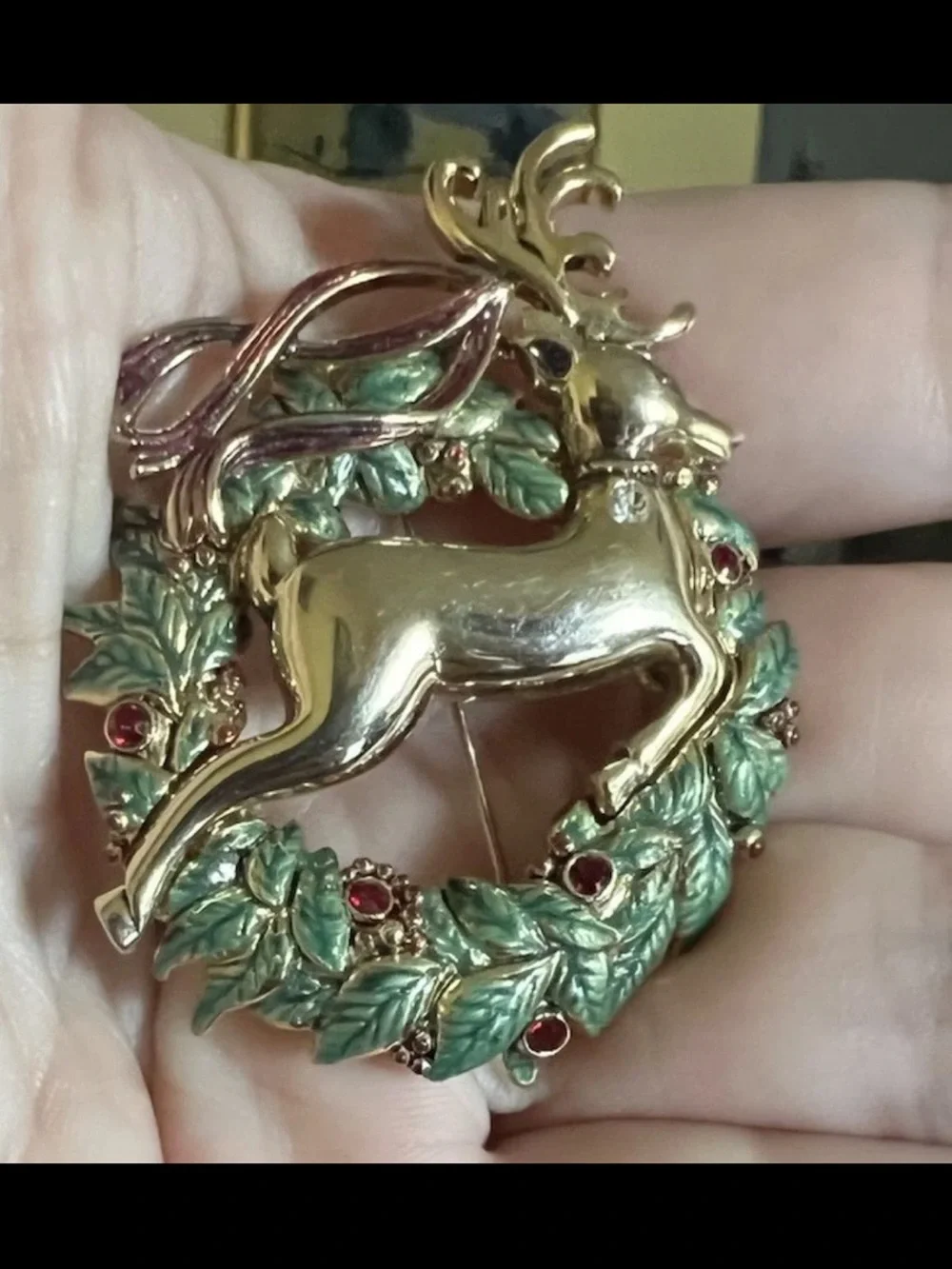 Vintage Monet Reindeer Gold Red Green Christmas Wreath Brooch Pin